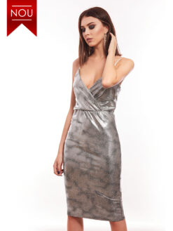 Rochie Midi Argintie Decolteu în V