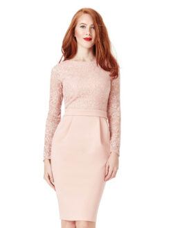 Cauti o Rochie cu Dantela Eleganta si Maneca Lunga? Descopera Mangata.ro Rochie Midi de Seara Dantela Nude Eleganta ROCHII Online Deosebite