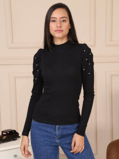 Cauti un Top Fashion Casual Online? Descopera Colectia Mangata Bluza Neagra cu Perle Umeri Supradimensionati Bluze Casual MANGATA