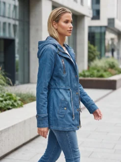 Descoperă geaca de blugi de damă cu glugă de la MANGATA. Creează ținute urbane moderne și combin-o cu jeans, tricouri și sneakers pentru un look actual.