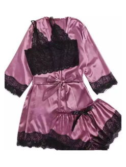 Cauti sa cumperi Pijamale de Dama Ieftine? Descopera Colectia Noua Set Pijama de Dama Halat Satin Mov Negru Dantela Comanda Online