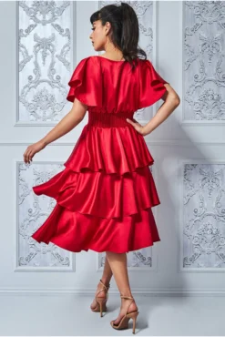 Vrei sa ai o aparitie de neuitat? Ai nevoie de o rochie de seara cu Speciala!Rochie de Seară Midi Rosie Elegantă Satin MANGATA