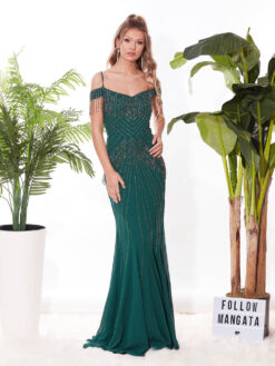 Cauti o Rochie Lunga Couture de Gala Online? Descopera Colectia Mangata.ro Rochie de Seara Verde Lunga Couture Lux Margele ROCHII