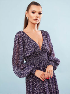 Vrei sa ai o aparitie de neuitat? Inseamna ca ai nevoie de o Rochie de Gala. Rochie Seară Midi Albastra Elegantă Imprimeu Floral, Livrare Rapidă din Stoc