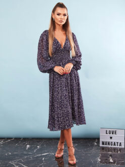 Vrei sa ai o aparitie de neuitat? Inseamna ca ai nevoie de o Rochie de Gala. Rochie Seară Midi Albastra Elegantă Imprimeu Floral, Livrare Rapidă din Stoc