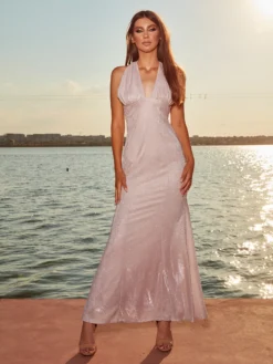 Cauti o Rochie Lunga Eleganta cu Spatele Gol? Comanda pe MANGATA.ro | Rochie de Ocazie Roz Lunga Eleganta Glitter Stralucitoare MANGATA