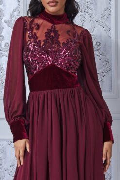 Vrei sa ai o aparitie de neuitat? Ai nevoie de o rochie de seara cu Speciala! Rochie Seara Eleganta Lunga Rosie Nașă Voal Online MANGATA