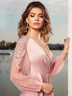 Livrare Gratuita, Cauti o Rochie Lunga Eleganta Speciala? Comanda pe MANGATA.ro | Rochie de Ocazie Roz Maneca Lunga Nunta Domnisoara Onoare