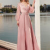 Livrare Gratuita, Cauti o Rochie Lunga Eleganta Speciala? Comanda pe MANGATA.ro | Rochie de Ocazie Roz Maneca Lunga Nunta Domnisoara Onoare