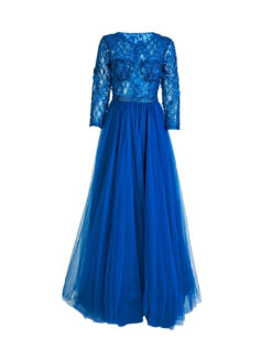 Cauti o Rochie Lunga Couture de Gala? Descopera Colectia Mangata.ro Rochie de Seara Lunga Albastra Couture Flori 3D MANGATA