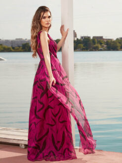 Livrare Gratuita! Cauti o Rochie Lunga de Seara? Descopera Colectia Noua | Rochie de Seară Lungă Eleganta Voal Fucsia Online MANGATA