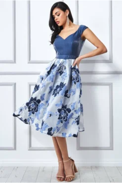 Cauti o Rochie de Seara Deosebita? Descopera si Comanda Online pe Mangata.ro | Rochie de Seară Midi Albastră Imprimeu Floral Online MANGATA
