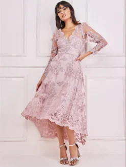 Cauti o Rochie de Ocazie Speciala? Descopera Colectia Mangata.ro Rochie de Ocazie Lungă Roz Dantelă Asimetrica Nașă MANGATA, Livrare Rapidă