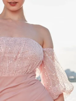 Cauti o Rochie Lunga Eleganta Speciala? Comanda pe MANGATA.ro | Rochie de Ocazie Lunga Roz Maneca Paiete MANGATA, Livrare Rapida