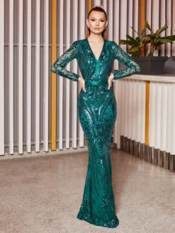 Cauti o Rochie Lunga Couture de Gala cu Paiete? Descopera Colectia Mangata.ro Rochie Couture Verde Lungă de Lux Paiete Deosebite MANGATA