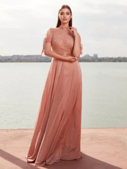 Alternative view of Rochie Lungă Elegantă Nude Roze Mărgele