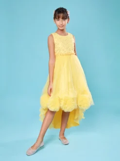 Cauti Rochita Speciala pentru Fete? Descopera Colectia Mangata KIDS, Rochita de Seara Fete Galbena Perle Asimetrica Nunta MANGATA, Livrare Rapida