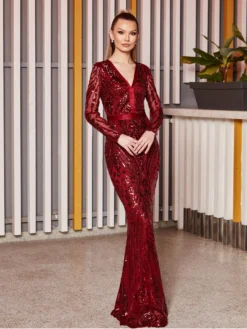 Cauti o Rochie Lunga Couture de Gala cu Paiete? Descopera Colectia Mangata.ro Rochie Couture Celine Bordo Lunga Lux ROCHII Deosebite Paiete