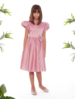 Cauti Rochita Speciala pentru Fete? Descopera Colectia Mangata KIDS, Rochita Roz Midi de Seara Tafta Perle Fete Deosebita MANGATA, Livrare Rapida