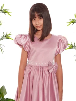 Cauti Rochita Speciala pentru Fete? Descopera Colectia Mangata KIDS, Rochita Roz Midi de Seara Tafta Perle Fete Deosebita MANGATA, Livrare Rapida