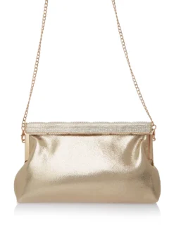 Cauti o Poseta Eleganta Argintie de Ocazie? Comanda pe Mangata.ro | Clutch de Ocazie Auriu Satin Cristale Menbur, Livrare Rapida