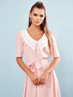 Cauti sa cumperi o Rochie de Seara Midi? Descopera Rochiile de Ocazie Mangata Rochie Midi de Zi Roz Buline Maneca Scurta ONLINE