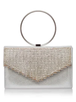 Cauti un Clutch cu Cristale? Comanda acum unul special pe Mangata.ro | Poșetă Elegantă Argintie de Mireasa Modernă Cristale MANGATA