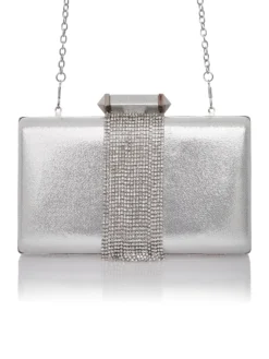 Cauti un Clutch Argintiu cu Cristale? Comanda acum unul special pe Mangata.ro | Poșetă Elegantă Argintie de Mireasa Satin Cristale Menbur