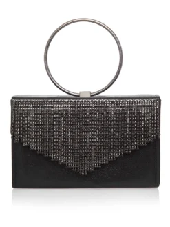 Cauti un Clutch Negru cu Cristale? Comanda acum unul special pe Mangata.ro | Poșetă Elegantă Neagră de Ocazie Mâner Rotund MANGATA