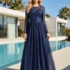 Cauti o Rochie Bleumarin Deosebita? Descopera Colectia Mangata Sensual Rochie de Ocazie Lunga Albastra Eleganta Tull Maneca Lunga