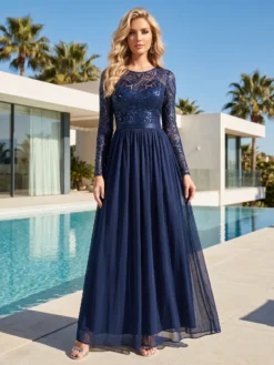 Cauti o Rochie Bleumarin Deosebita? Descopera Colectia Mangata Sensual Rochie de Ocazie Lunga Albastra Eleganta Tull Maneca Lunga