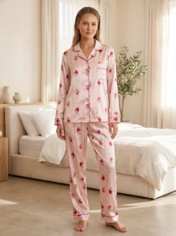 Cauti sa cumperi Pijamale de Dama Speciale? Descopera Colectia Noua Set Pijama Dama Satin Roz Imprimeu Capsuni 7 Piese MANGATA