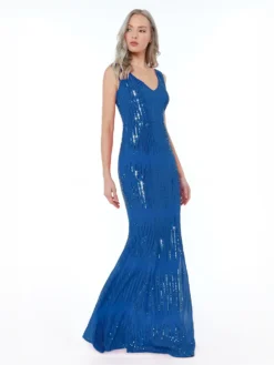 Vrei sa ai o aparitie de neuitat? Comanda o Rochie Lunga Eleganta Speciala! Rochie Eleganta de Ocazie Lunga Albastra Paiete Nunta Nasa