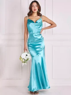 Cauti o Rochie de Ocazie Deosebita? Descopera Colectia Mangata Extravagant Rochie Lunga din Satin Eleganta Turquoise MANGATA, Livrare Rapida