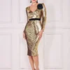 Cauti o Rochie de Seara deosebita care sa te puna in valoare? Comanda Online Rochie de Seara Midi Aurie Eleganta Paiete MANGATA