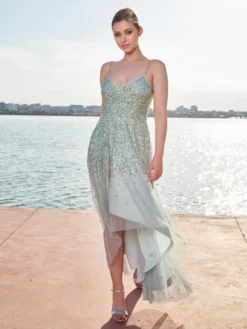 Livrare Gratuita! Cauti o Rochie Lunga Deosebita pentru Evenimente Speciale? Rochie Lunga de Seara Couture Turquoise Paiete Nuntă Nașă