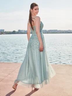 Livrare Gratuita! Cauti o Rochie Lunga Deosebita pentru Evenimente Speciale? Rochie Lunga de Seara Couture Turquoise Paiete Nuntă Nașă
