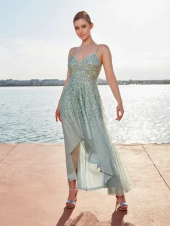 Livrare Gratuita! Cauti o Rochie Lunga Deosebita pentru Evenimente Speciale? Rochie Lunga de Seara Couture Turquoise Paiete Nuntă Nașă