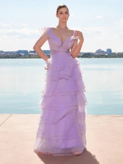 Cauti o Rochie Lunga de Ocazie Specială? Descopera Colectia Extravagant Rochie de Seară Lungă Lila Volane Cristale Eleganta MANGATA