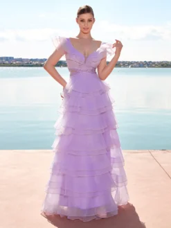 Cauti o Rochie Lunga de Ocazie Specială? Descopera Colectia Extravagant Rochie de Seară Lungă Lila Volane Cristale Eleganta MANGATA