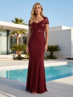 Cauti o Rochie Lunga Couture de Gala? Descopera Colectia Mangata.ro Rochie Lunga de Seara Bordo Ieftina Bust Paiete MANGATA Online