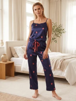 Descoperă setul de pijama Aria MANGATA din satin albastru cu imprimeu de căpșuni. 7 piese feminine, ideale pentru relaxare sau cadou.