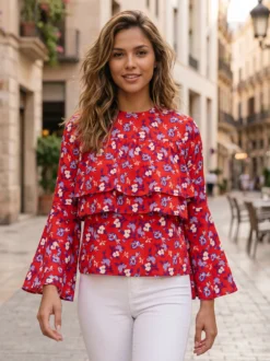 Descoperă bluza de damă florală cu volane și mâneci evazate. Un model feminin și modern, ideal pentru ținute casual, de vară și holiday. MANGATA