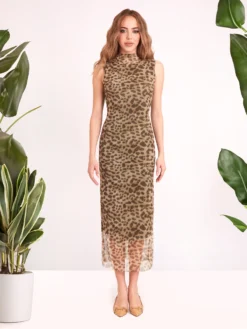 Cauti o Rochie de Zi deosebita Moderna? Comanda Online Rochie de Vară Tulle Fin cu Imprimeu Lepard MANGATA, Livrare Rapida