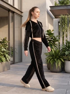 Cauti un Trening Negru Deosebit? Comanda Online pe Mangata.ro | Trening de Dama Negru Modern Catifea Gluga Casual MANGATA