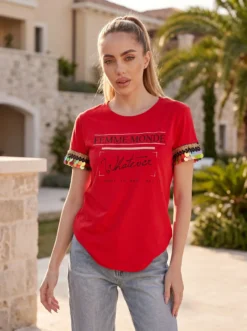 Cauti un Tricou de Primavara Vara Modern? Descopera si Comanda Online Tricou Rosu de Vara cu Paiete Casual MANGATA, Livrare Rapida