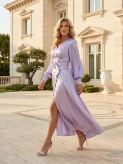 Cauti o Rochie Lunga de Ocazie Specială? Descopera Colectia Extravagant Rochie Lunga de Seară Lila Eleganta Satin Vaporoasă Mânecă Lungă