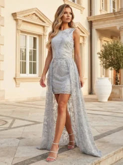 Cauti o Rochie Scurtă de Ocazie Deosebita? Descopera Online Colectia Noua Rochie de Seară Argintie Scurtă Paiete Trenă MANGATA, Livrare Rapidă
