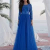 Cauti o Rochie Lunga Couture de Gala? Descopera Colectia Mangata.ro Rochie de Seara Lunga Albastra Couture Flori 3D MANGATA