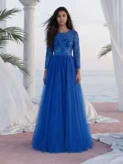 Cauti o Rochie Lunga Couture de Gala? Descopera Colectia Mangata.ro Rochie de Seara Lunga Albastra Couture Flori 3D MANGATA